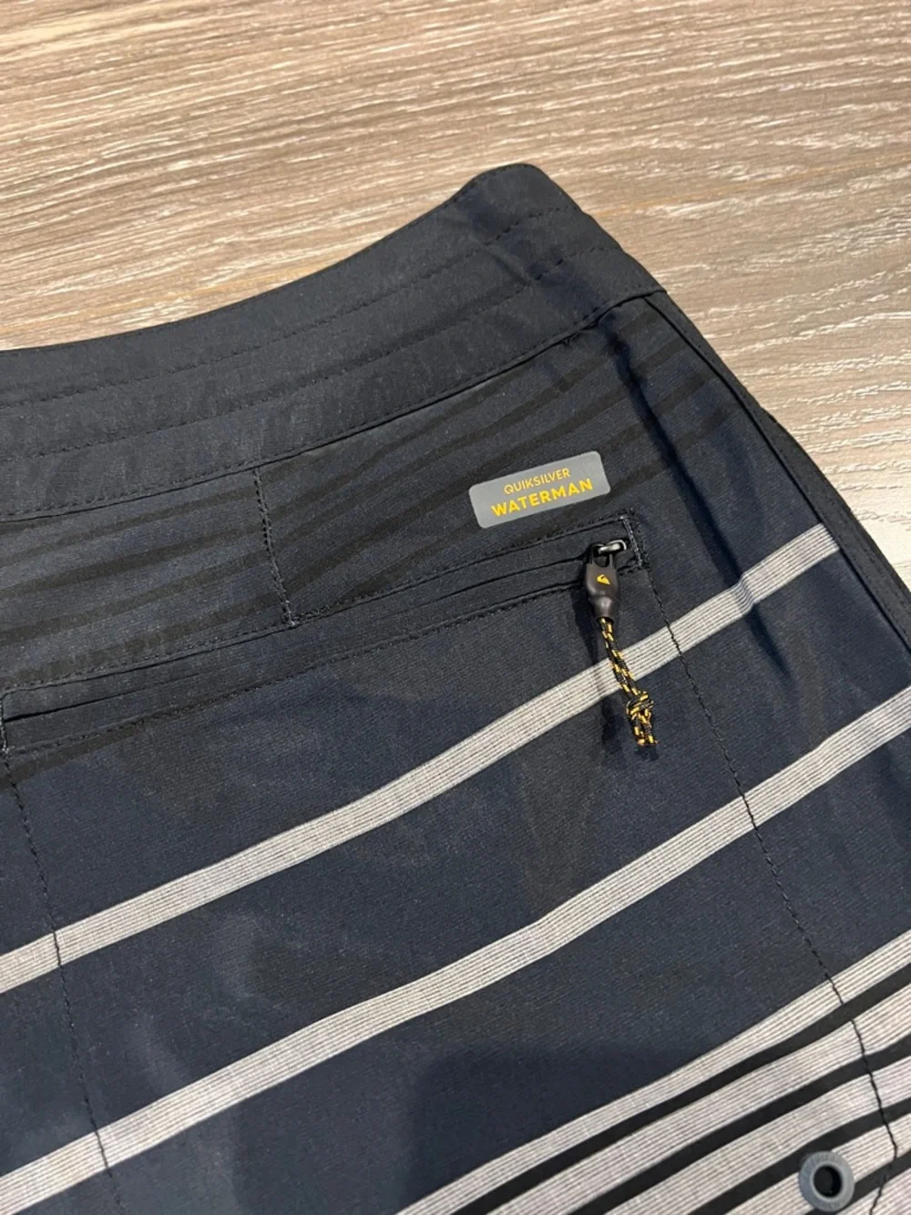 Quiksilver Watermen Collection Men’s Navy, Black and Gray Striped Boardshorts